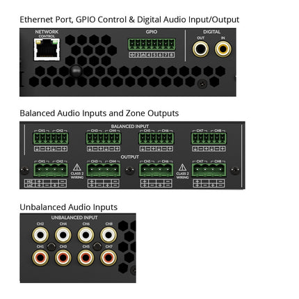 AMP-8-125 - 8 Channel 125W 8Ω, 4 Channel 70/100V 250W DSP Matrix Amplifier